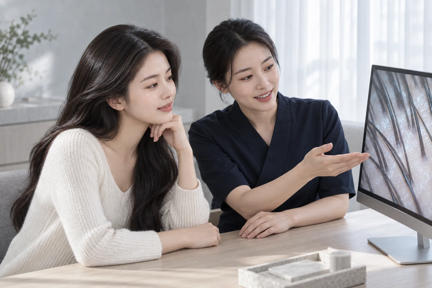 A therapist explaining a magnified view of the scalp to a guest